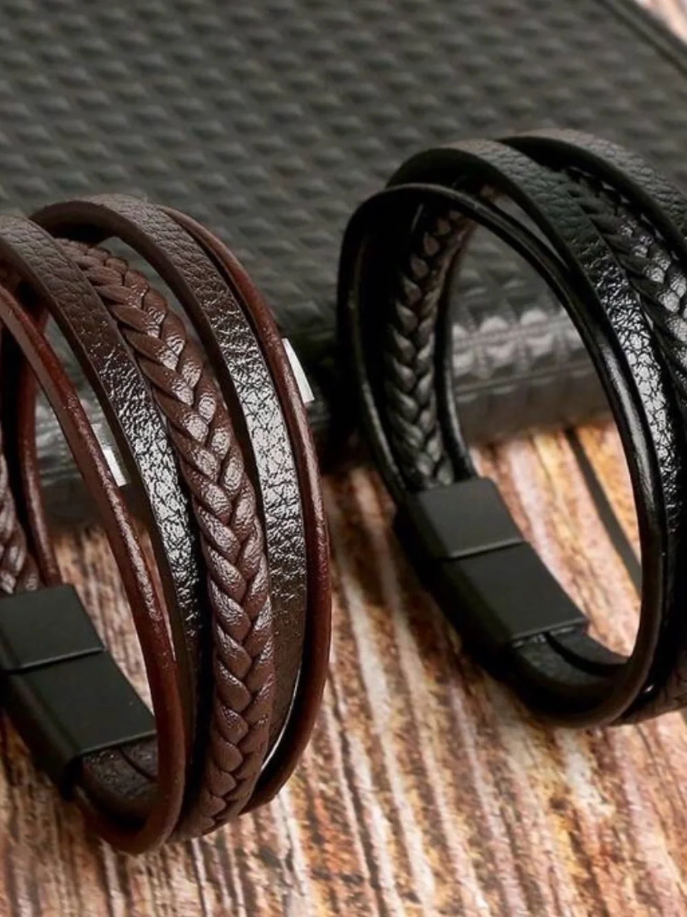 Men's Black Multi-Strand Braided Vegan Leather Bracelet